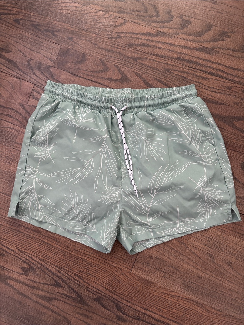 Men's Sage Green Leaf Print Swim Trunks - Picture 10 of 11